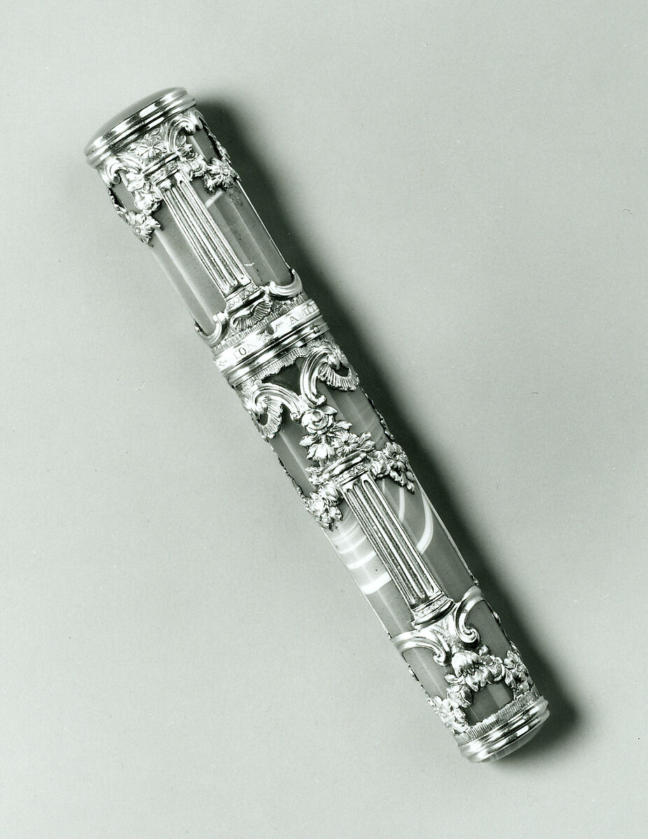 Etui, Tapered cylinder of striated gray agate sheathed in chased gold cagework., British, London 