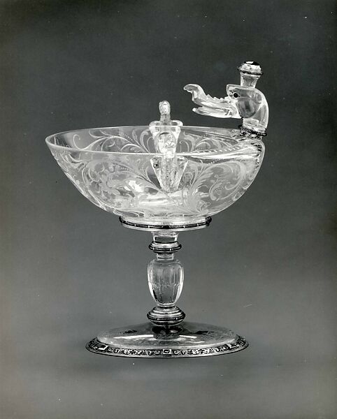 Cup with Three Dragon Heads, Reinhold Vasters (German, Erkelenz 1827–1909 Aachen) and, Rock crystal, cut on the wheel, enameled gold, rubies, and diamonds.