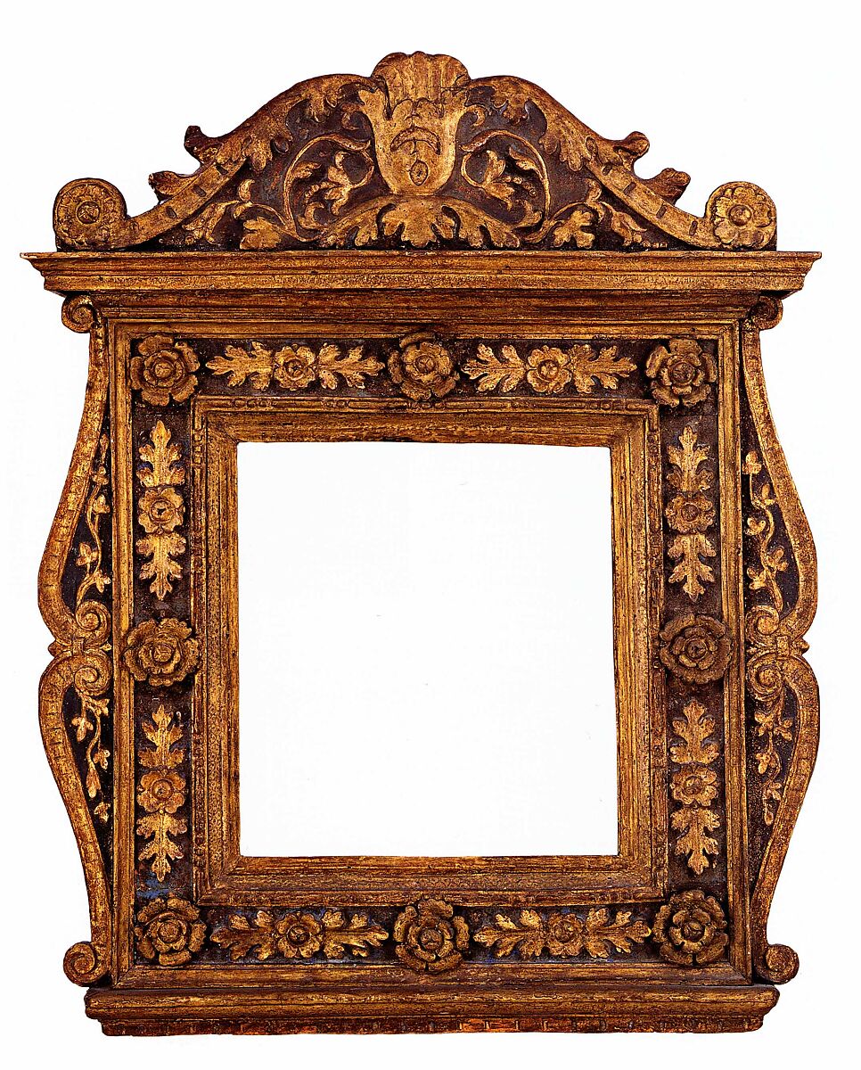 Cassetta-type frame, Poplar. Carved, gilt; deep brown-orange bole, coarse blue color in background., Veronese 