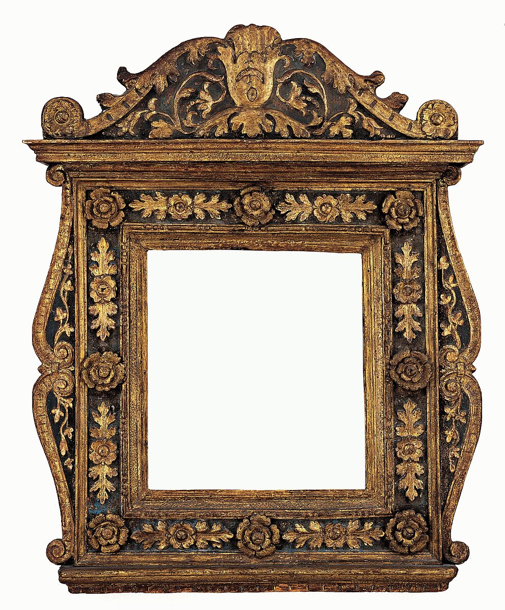 Cassetta-type frame, Poplar. Carved, gilt; deep brown-orange bole, coarse blue color in background., Veronese