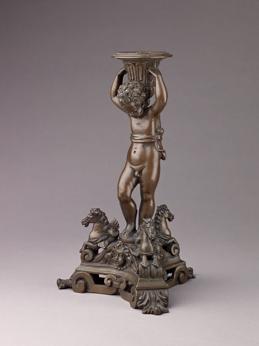 Candlestick in the form of a Putto (see also 1975.1.1374, .1375, .1376), Bronze (Copper alloy with a dull patina varying from a reddish to olive green color)., Italian, Venice 
