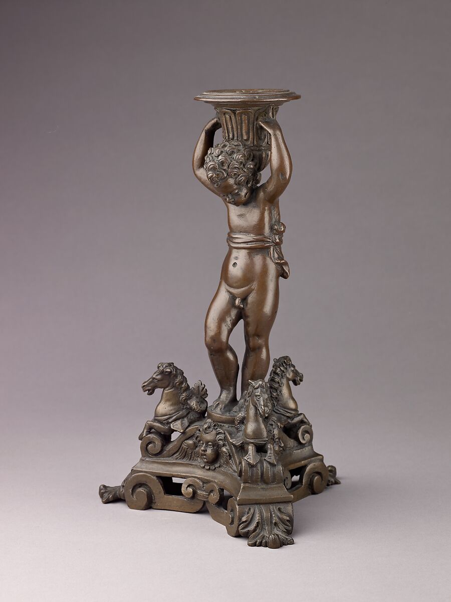 Candlestick in the form of a Putto (see also 1975.1.1374, .1375, .1376), Bronze (Copper alloy with a dull patina varying from a reddish to olive green color)., Italian, Venice