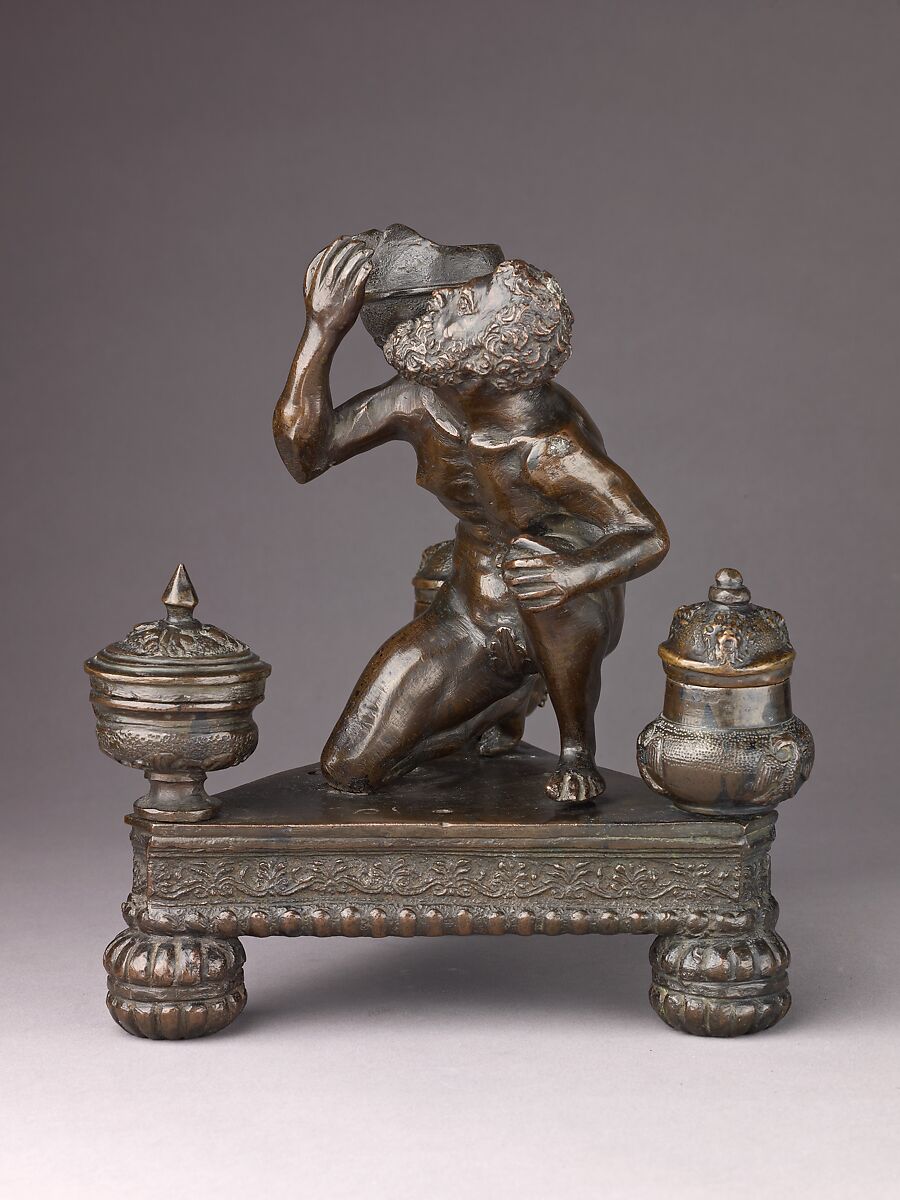 Inkwell in the Form of Atlas Holding a Globe, Workshop of Severo Calzetta da Ravenna (Italian, active by 1496, died before 1543), Copper alloy 
