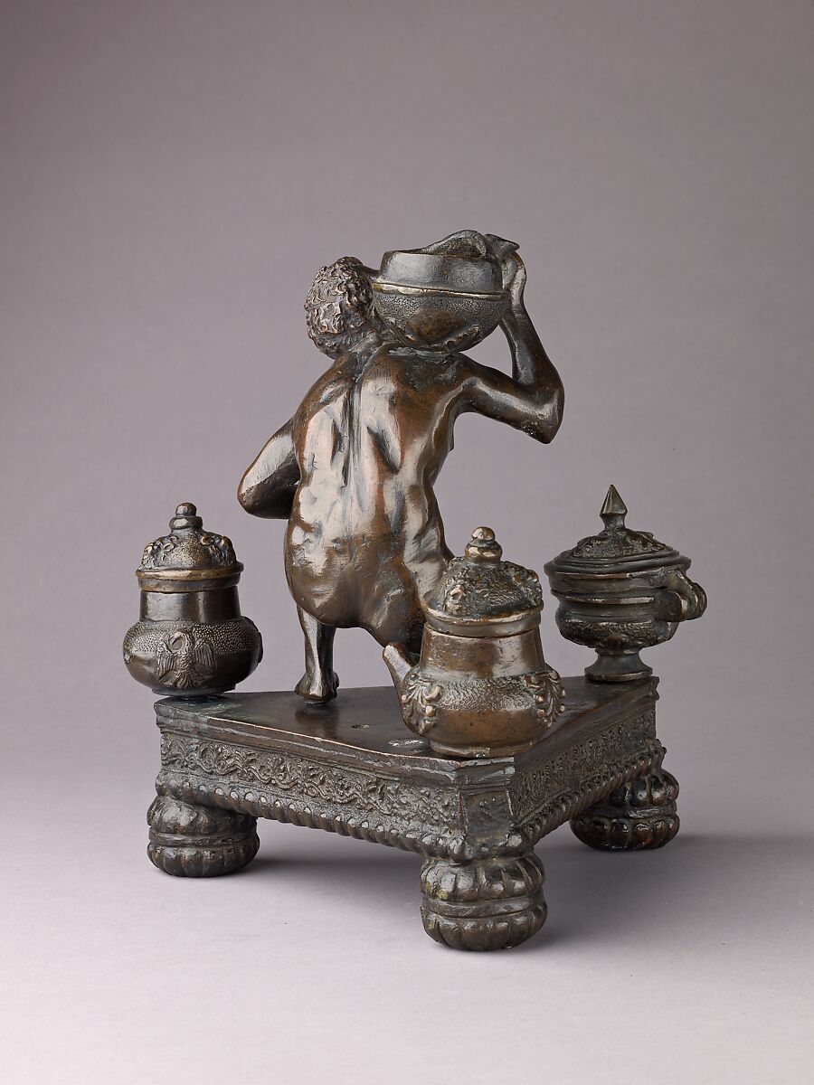 Inkwell in the Form of Atlas Holding a Globe, Workshop of Severo Calzetta da Ravenna (Italian, active by 1496, died before 1543), Copper alloy