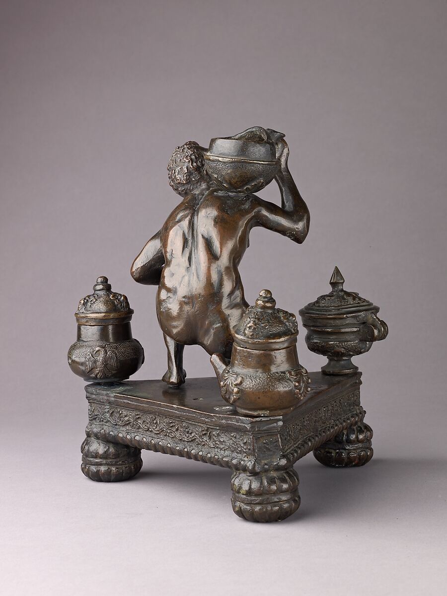 Inkwell in the Form of Atlas Holding a Globe, Workshop of Severo Calzetta da Ravenna (Italian, active by 1496, died before 1543), Copper alloy