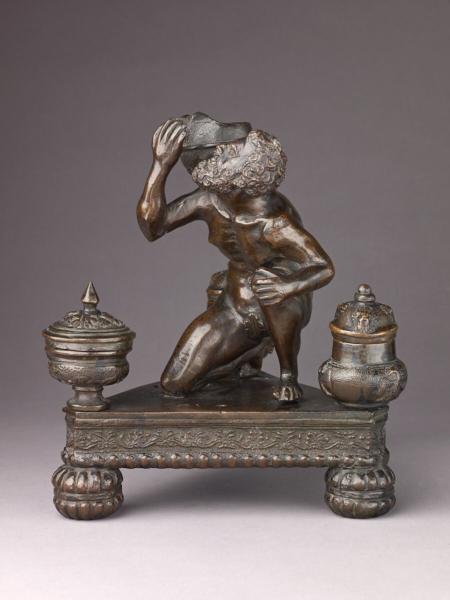 Inkwell in the Form of Atlas Holding a Globe, Workshop of Severo Calzetta da Ravenna (Italian, active by 1496, died before 1543), Copper alloy