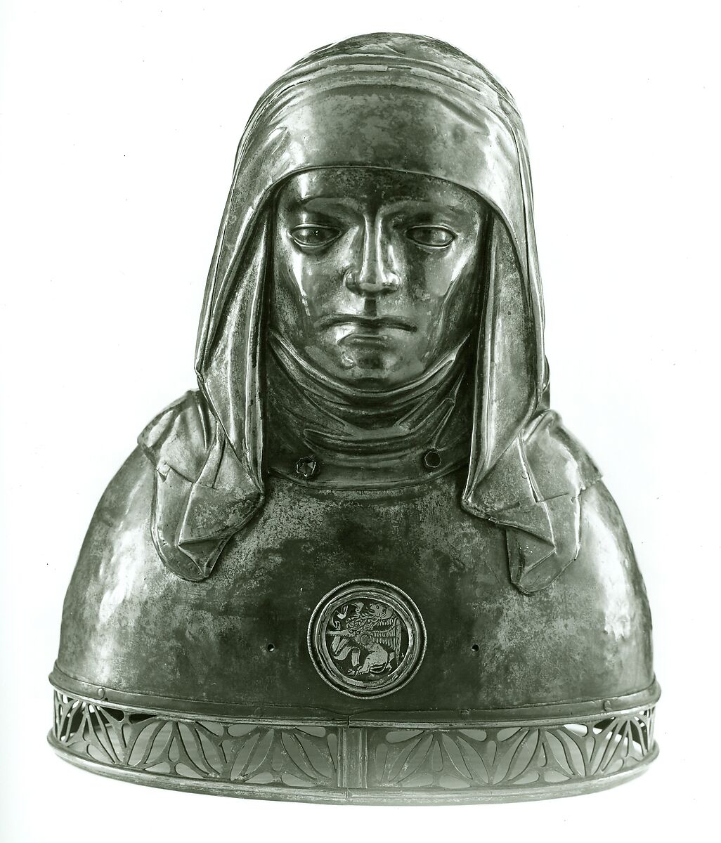 Reliquary Bust of a Woman, Silvered copper (bust); mercury-gilded bronze with traces of enamel (medallion)., French 