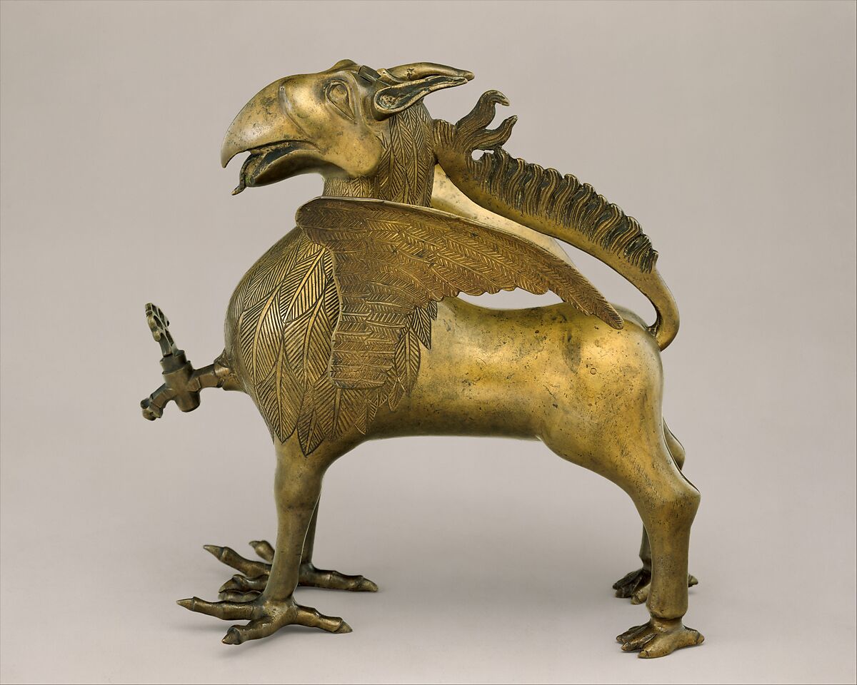 Aquamanile in the Form of a Griffin, Bronze; Ternary copper alloy with a very high content of zinc (approx. 74%
copper, approx. 22% zinc, approx. 2% lead) with natural patina, hollow cast., German, Nuremberg