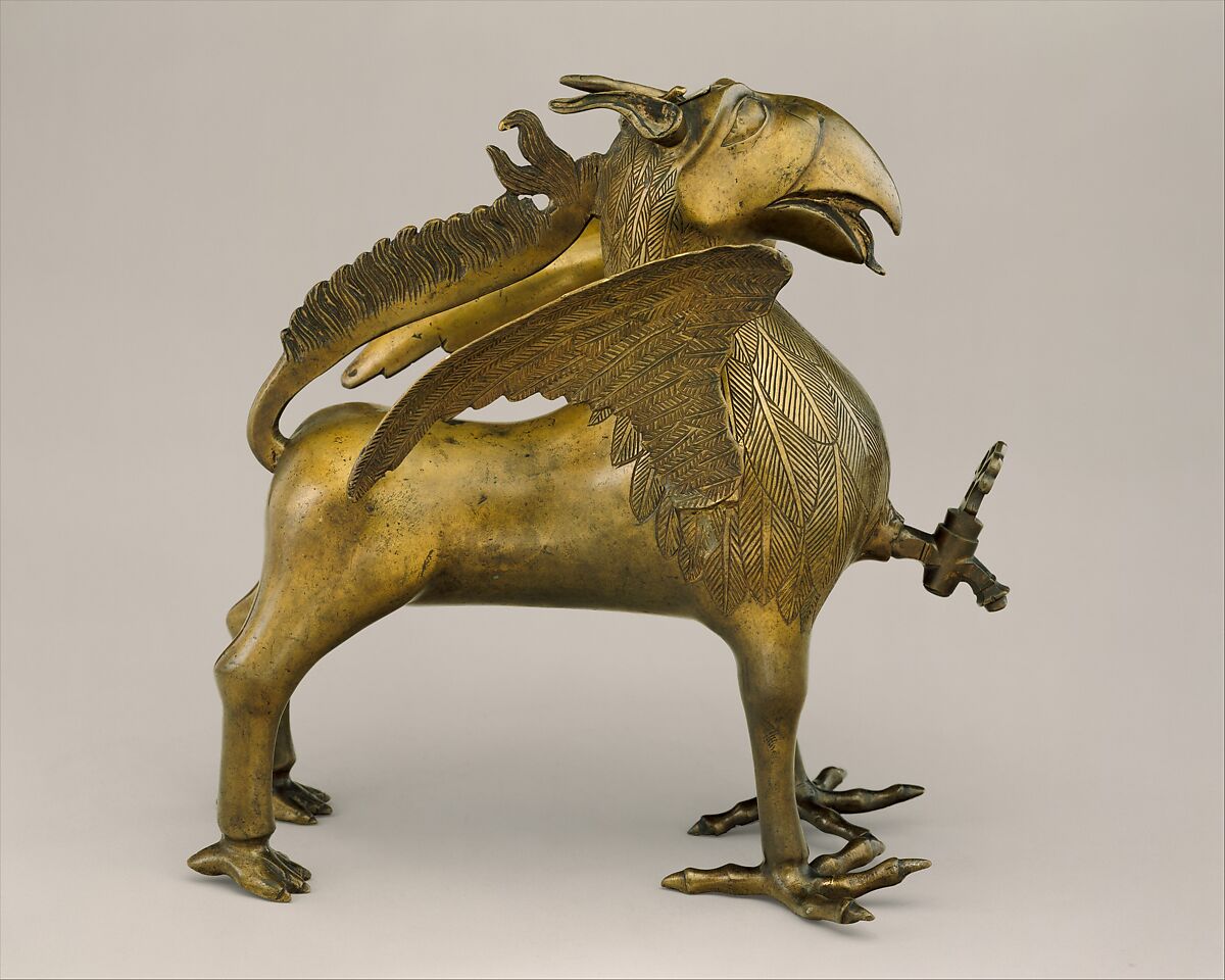 Aquamanile in the Form of a Griffin, Bronze; Ternary copper alloy with a very high content of zinc (approx. 74%
copper, approx. 22% zinc, approx. 2% lead) with natural patina, hollow cast., German, Nuremberg