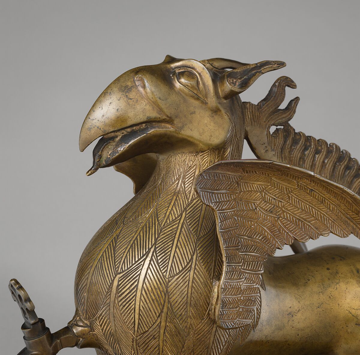 Aquamanile in the Form of a Griffin, Bronze; Ternary copper alloy with a very high content of zinc (approx. 74%
copper, approx. 22% zinc, approx. 2% lead) with natural patina, hollow cast., German, Nuremberg