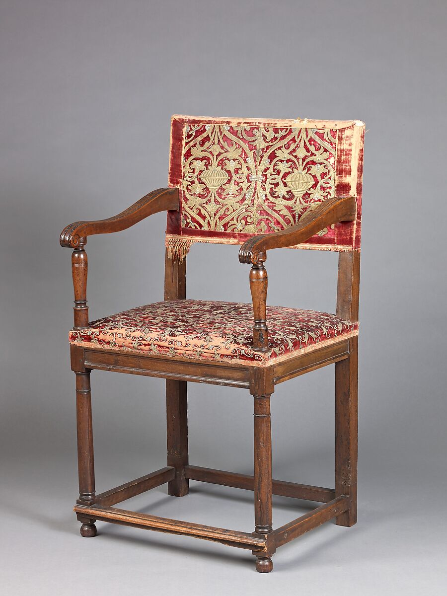 Armchair (chaise à bras), Walnut, carved and turned; upholstered with various fragments of silk and gilt-metal embroidered fragments, silk, and brocatelle and knotted silk fringe., French and Italian 