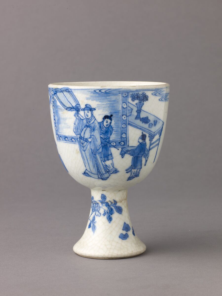 Small stemcup, Chinese  , Qing Dynasty, "Soft-paste" porcelain painted in underglaze blue., Chinese 