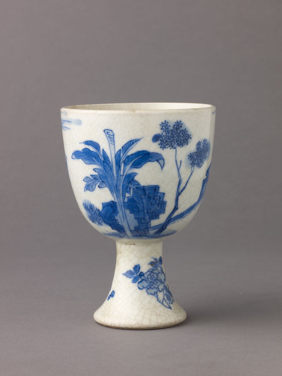 Small stemcup, Chinese  , Qing Dynasty, "Soft-paste" porcelain painted in underglaze blue., Chinese