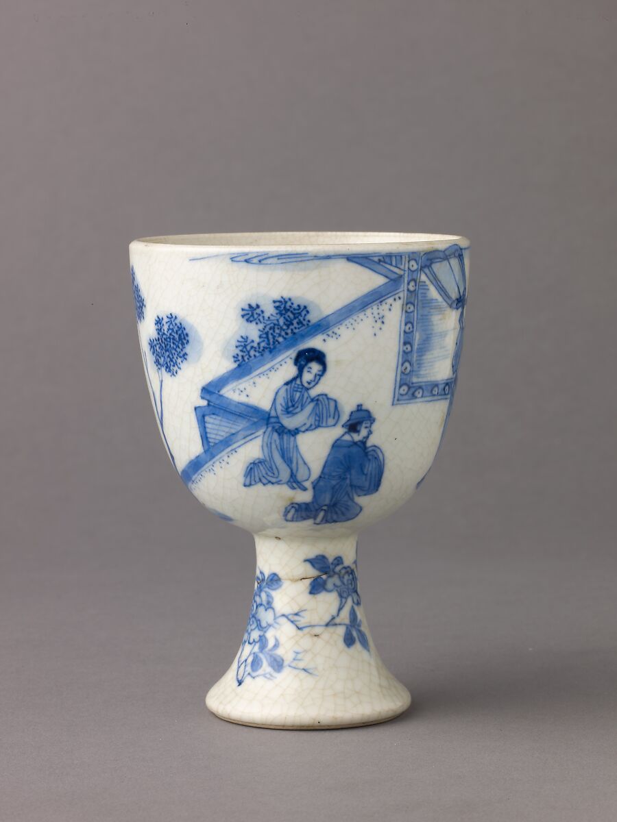 Small stemcup, Chinese  , Qing Dynasty, "Soft-paste" porcelain painted in underglaze blue., Chinese