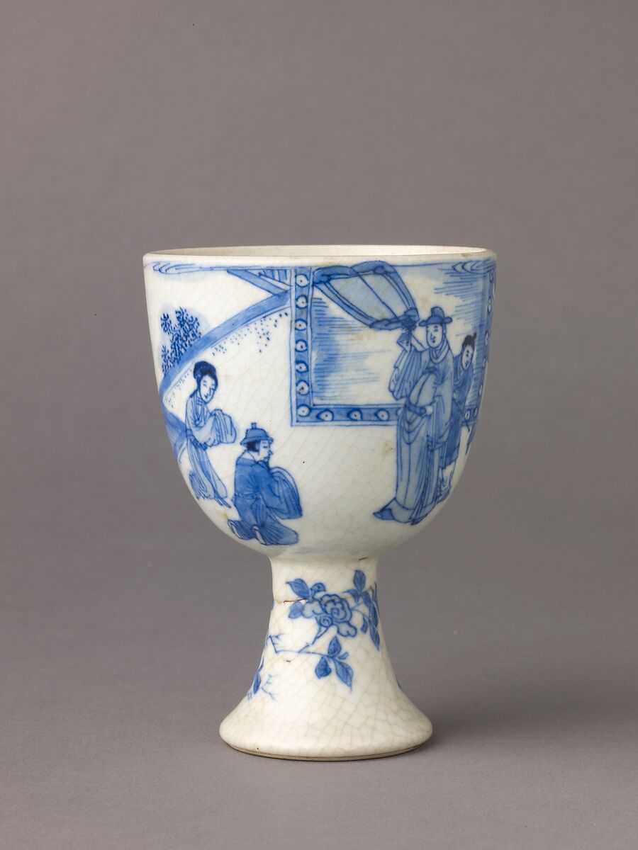 Small stemcup, Chinese  , Qing Dynasty, "Soft-paste" porcelain painted in underglaze blue., Chinese