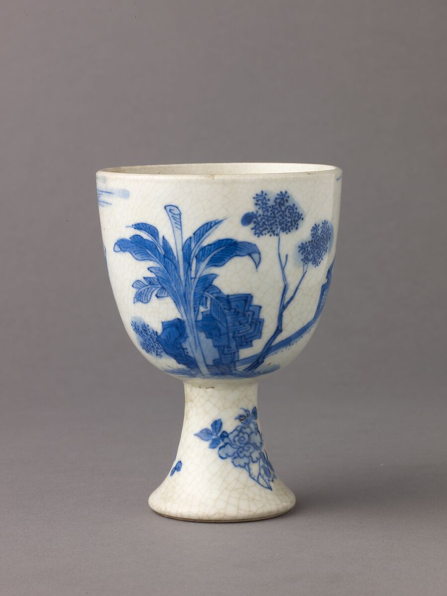 Small stemcup, Chinese  , Qing Dynasty, "Soft-paste" porcelain painted in underglaze blue., Chinese