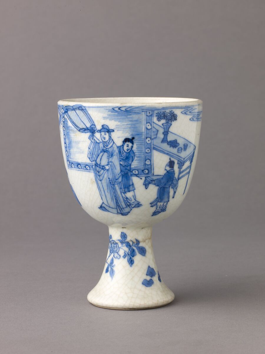 Small stemcup, Chinese  , Qing Dynasty, "Soft-paste" porcelain painted in underglaze blue., Chinese