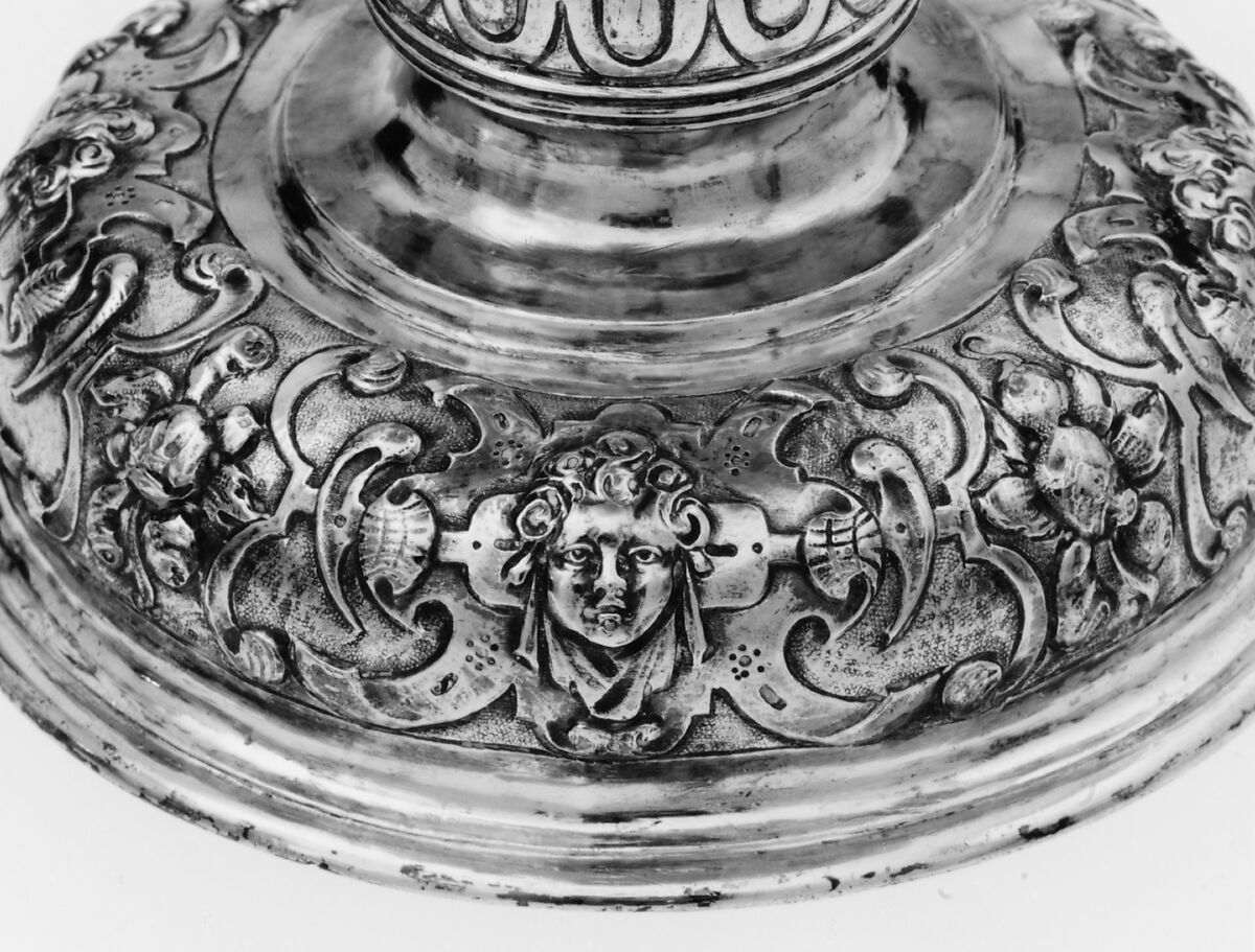 Covered goblet, Colorless (slightly gray) and opaque white nonlead glass. Blown, "vetro a reticello", silver foil; silver-gilt mounts., probably Italian (Venice); mounts probably German (Augsburg)