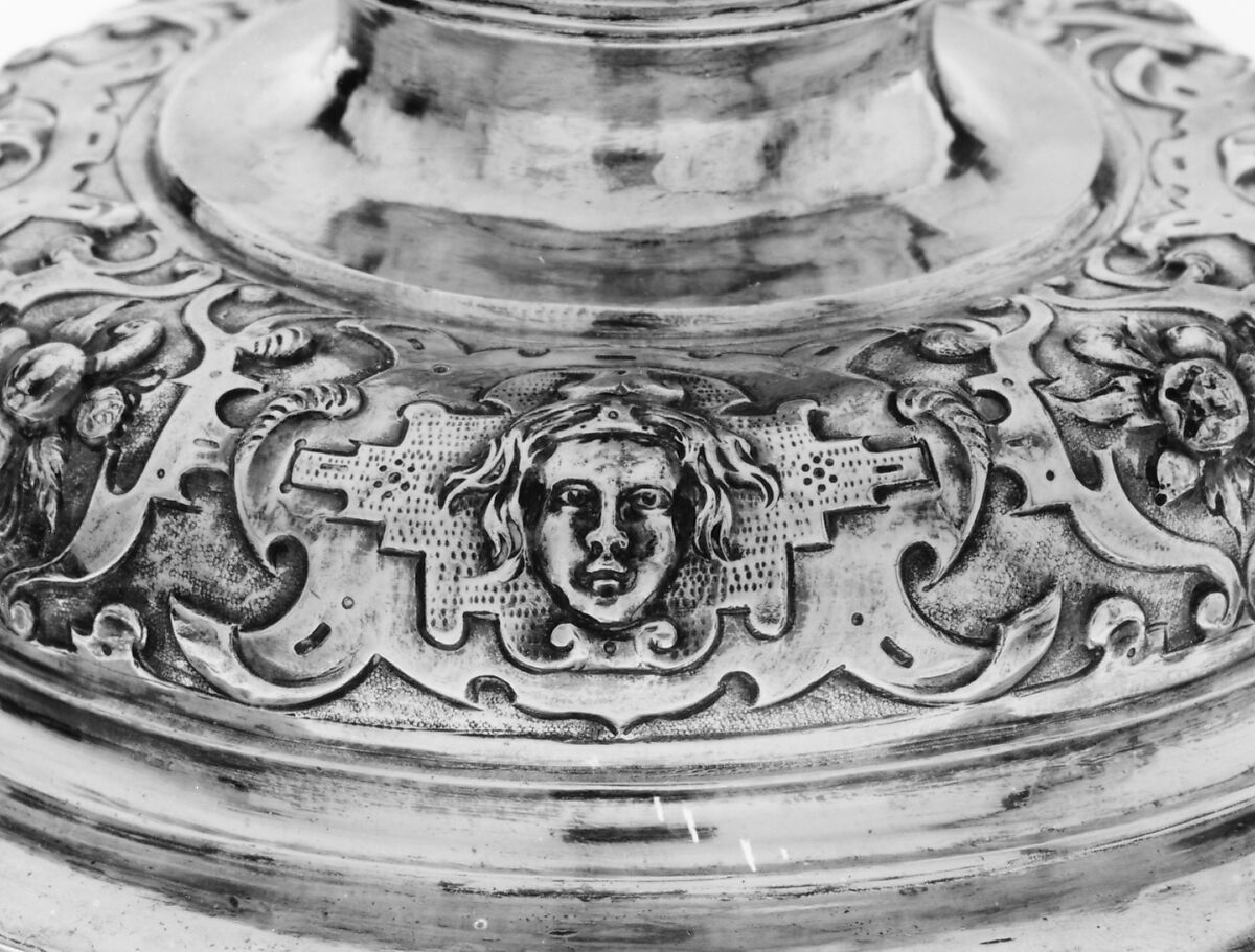 Covered goblet, Colorless (slightly gray) and opaque white nonlead glass. Blown, "vetro a reticello", silver foil; silver-gilt mounts., probably Italian (Venice); mounts probably German (Augsburg)