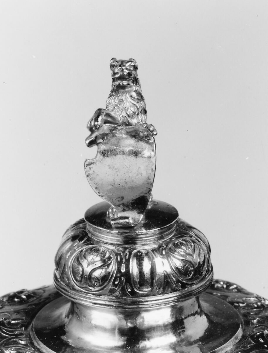 Covered goblet, Colorless (slightly gray) and opaque white nonlead glass. Blown, "vetro a reticello", silver foil; silver-gilt mounts., probably Italian (Venice); mounts probably German (Augsburg)