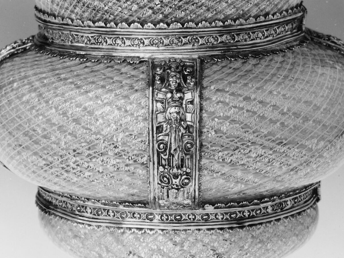 Covered goblet, Colorless (slightly gray) and opaque white nonlead glass. Blown, "vetro a reticello", silver foil; silver-gilt mounts., probably Italian (Venice); mounts probably German (Augsburg)