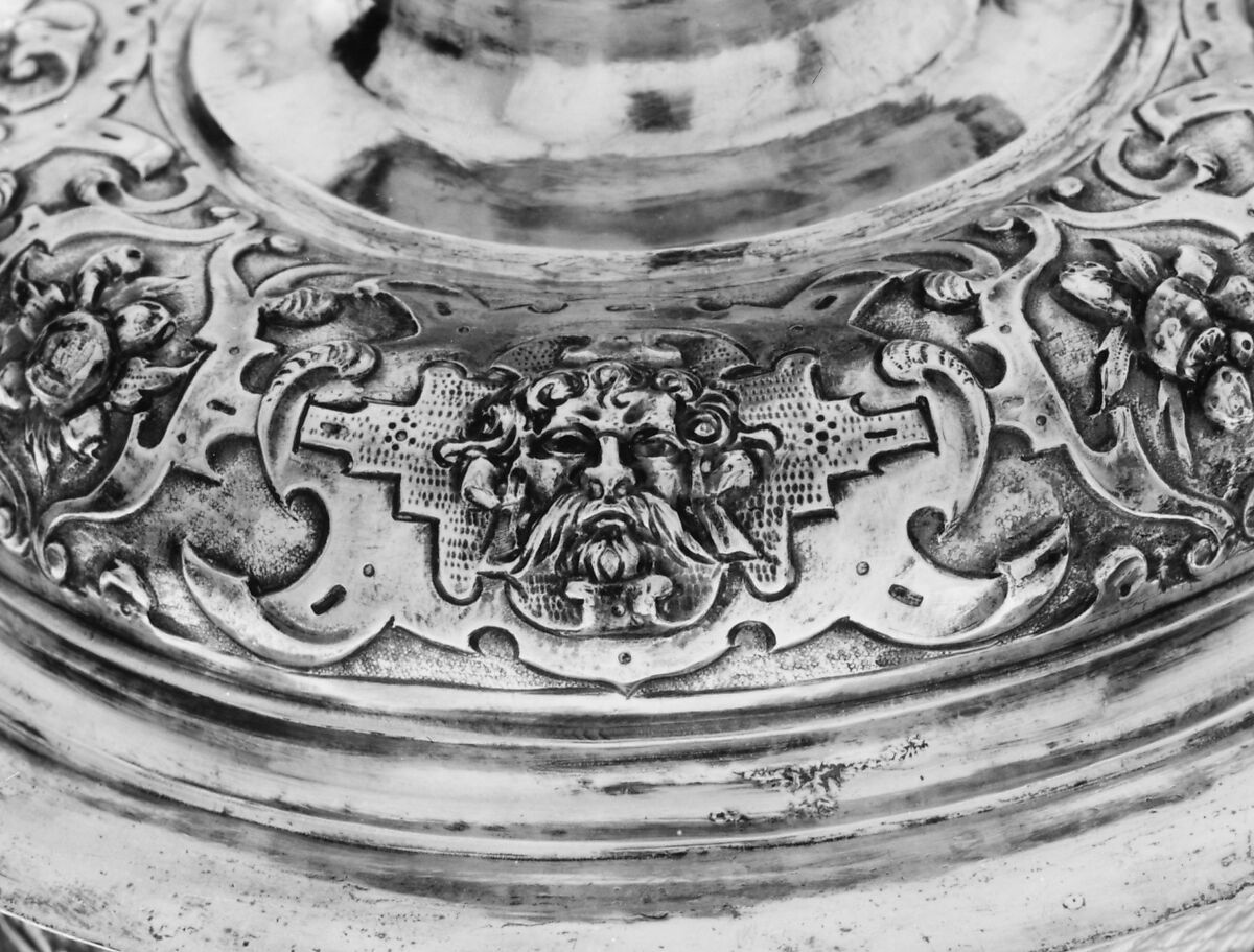 Covered goblet, Colorless (slightly gray) and opaque white nonlead glass. Blown, "vetro a reticello", silver foil; silver-gilt mounts., probably Italian (Venice); mounts probably German (Augsburg)