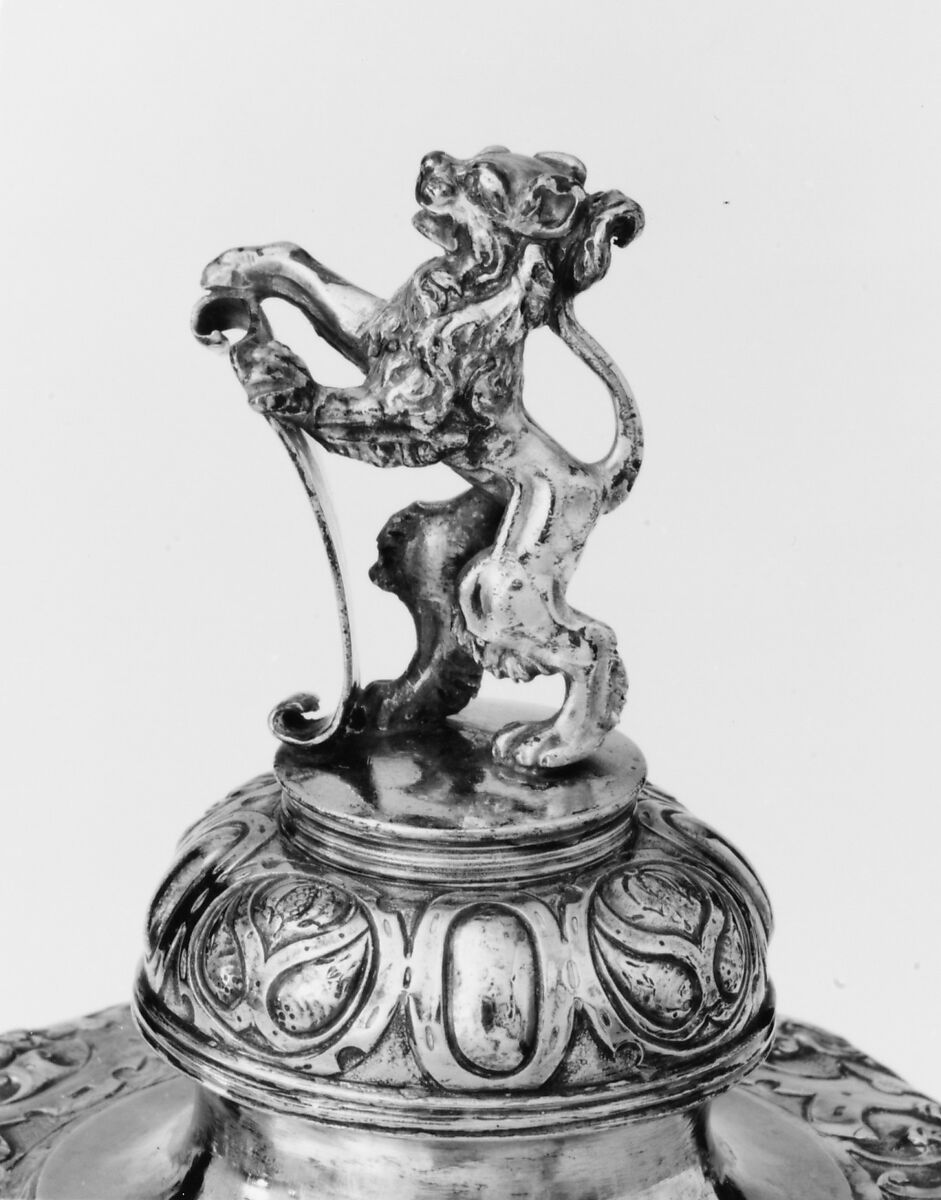 Covered goblet, Colorless (slightly gray) and opaque white nonlead glass. Blown, "vetro a reticello", silver foil; silver-gilt mounts., probably Italian (Venice); mounts probably German (Augsburg)