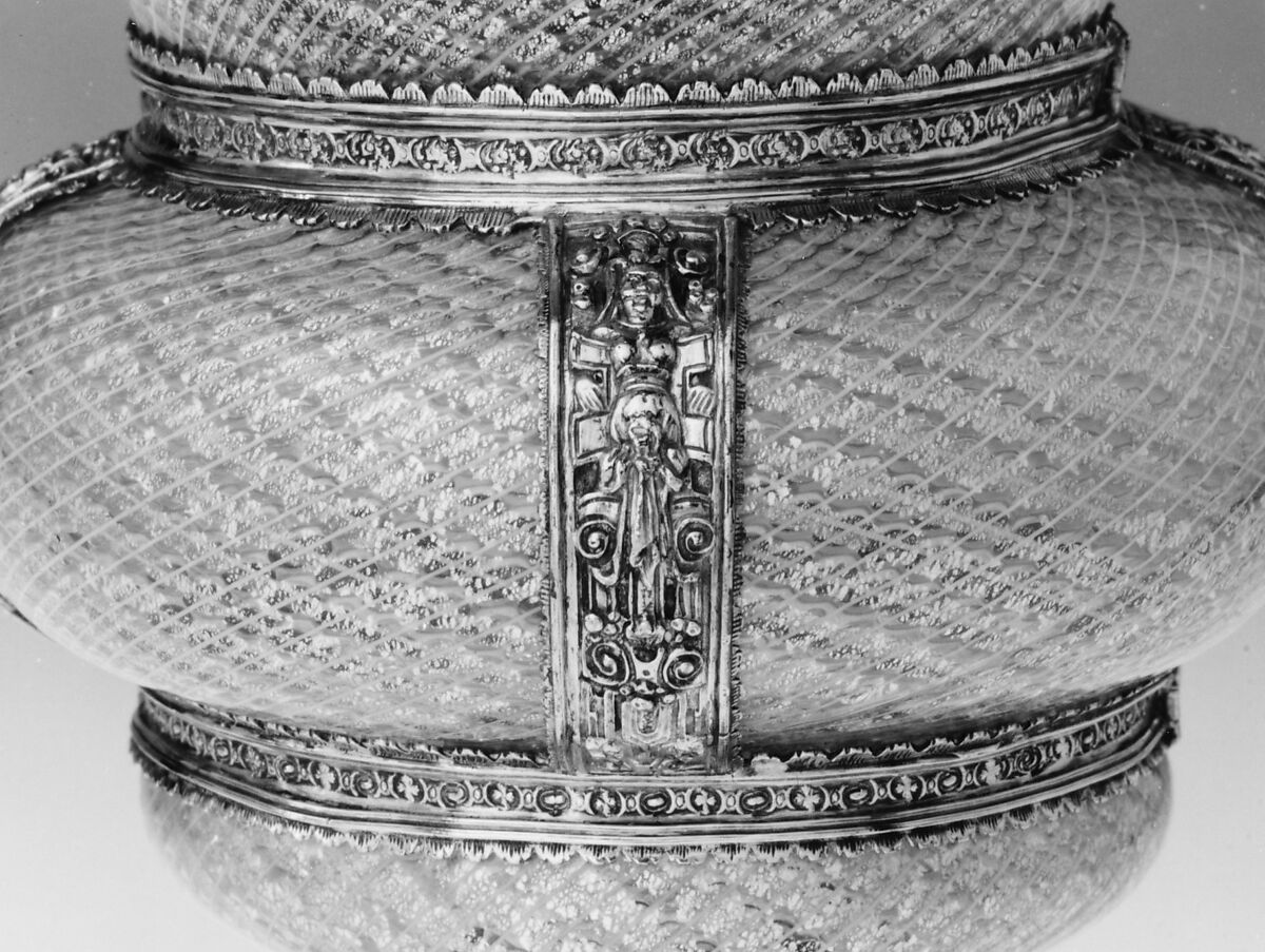 Covered goblet, Colorless (slightly gray) and opaque white nonlead glass. Blown, "vetro a reticello", silver foil; silver-gilt mounts., probably Italian (Venice); mounts probably German (Augsburg)