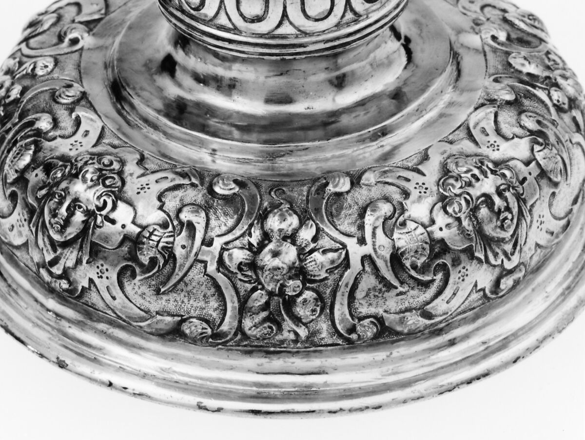 Covered goblet, Colorless (slightly gray) and opaque white nonlead glass. Blown, "vetro a reticello", silver foil; silver-gilt mounts., probably Italian (Venice); mounts probably German (Augsburg)