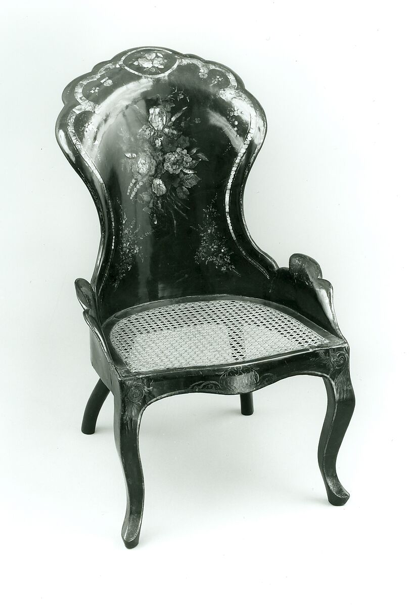 Gondola armchair, Wood, papier-mâché, black lacquer, painted and gilded, mother-of-pearl, caned seat., British (?)