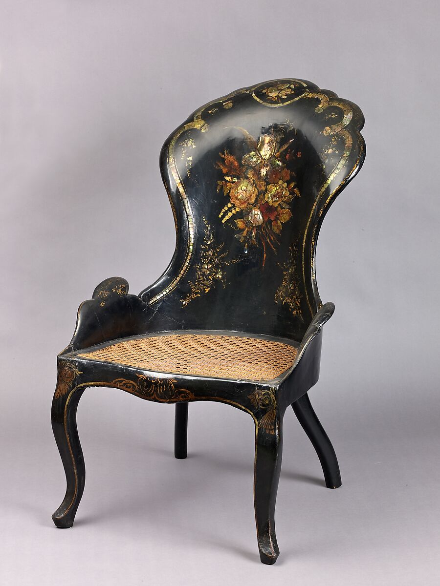 Gondola armchair, Wood, papier-mâché, black lacquer, painted and gilded, mother-of-pearl, caned seat., British (?) 