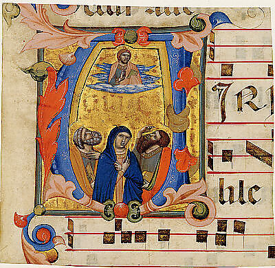 Ascension in an Initial V, Niccolò di ser Sozzo (Italian, Siena, active ca. 1334, died 1363), Tempera and gold on parchment