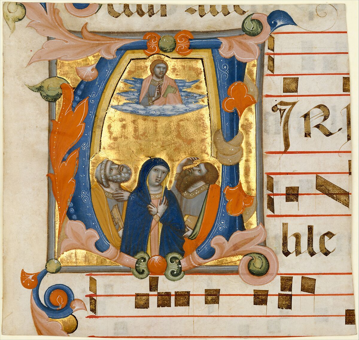 Ascension in an Initial V, Niccolò di ser Sozzo (Italian, Siena, active ca. 1334, died 1363), Tempera and gold on parchment 