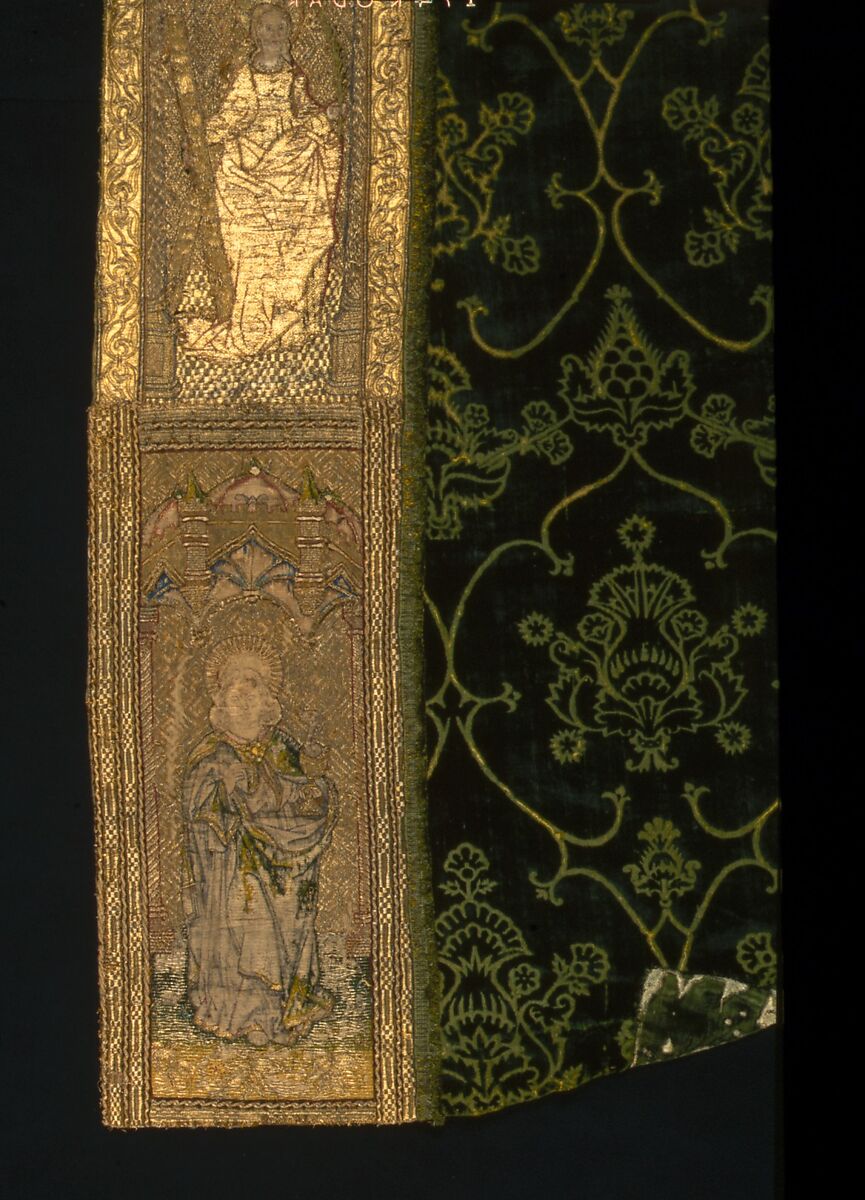 Cope with an Orphrey and a Hood, Cope:  silk warp-float faced 4/1 satin weave with linen plain weave lining.
Orphrey:  linen plain weave with silk and gilt- and silvered- metal strip wrapped silk in satin and split stitches, laid work, couching, and padded couching.  Fringe:  silk, gilt-metal-strip-wrapped silk.  Lining: cotton plain weave.
Hood:  linen plain weave embroidered with silk, gilt- and silvered- metal-strip-wrapped silk, and silvered-metal strips and coils , couching and couching padded with hemp; metal spangles.  Fringe: silk plain weave.  Lining: linen plain weave., Italian, German, Dutch, Spanish