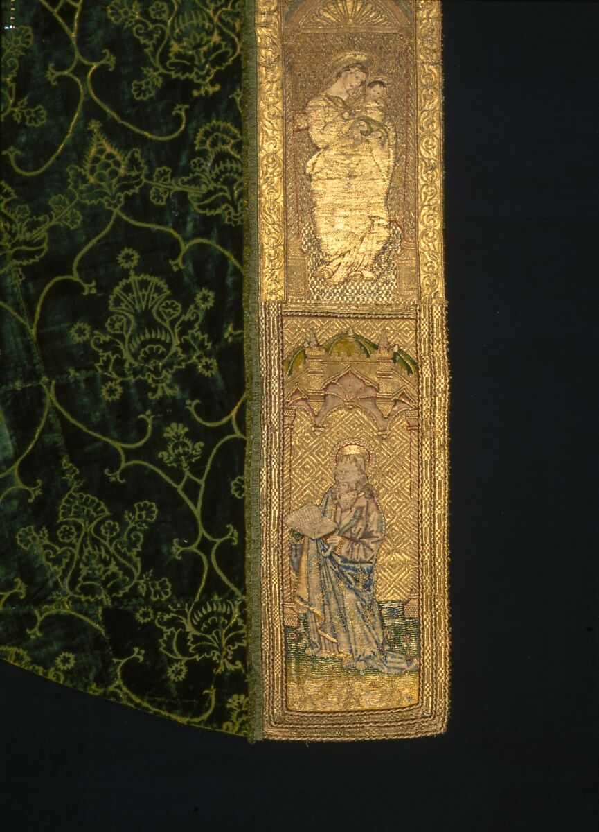 Cope with an Orphrey and a Hood, Cope:  silk warp-float faced 4/1 satin weave with linen plain weave lining.
Orphrey:  linen plain weave with silk and gilt- and silvered- metal strip wrapped silk in satin and split stitches, laid work, couching, and padded couching.  Fringe:  silk, gilt-metal-strip-wrapped silk.  Lining: cotton plain weave.
Hood:  linen plain weave embroidered with silk, gilt- and silvered- metal-strip-wrapped silk, and silvered-metal strips and coils , couching and couching padded with hemp; metal spangles.  Fringe: silk plain weave.  Lining: linen plain weave., Italian, German, Dutch, Spanish