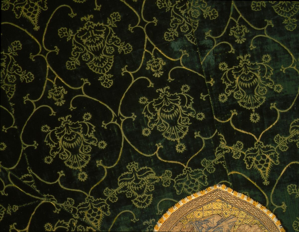 Cope with an Orphrey and a Hood, Cope:  silk warp-float faced 4/1 satin weave with linen plain weave lining.
Orphrey:  linen plain weave with silk and gilt- and silvered- metal strip wrapped silk in satin and split stitches, laid work, couching, and padded couching.  Fringe:  silk, gilt-metal-strip-wrapped silk.  Lining: cotton plain weave.
Hood:  linen plain weave embroidered with silk, gilt- and silvered- metal-strip-wrapped silk, and silvered-metal strips and coils , couching and couching padded with hemp; metal spangles.  Fringe: silk plain weave.  Lining: linen plain weave., Italian, German, Dutch, Spanish