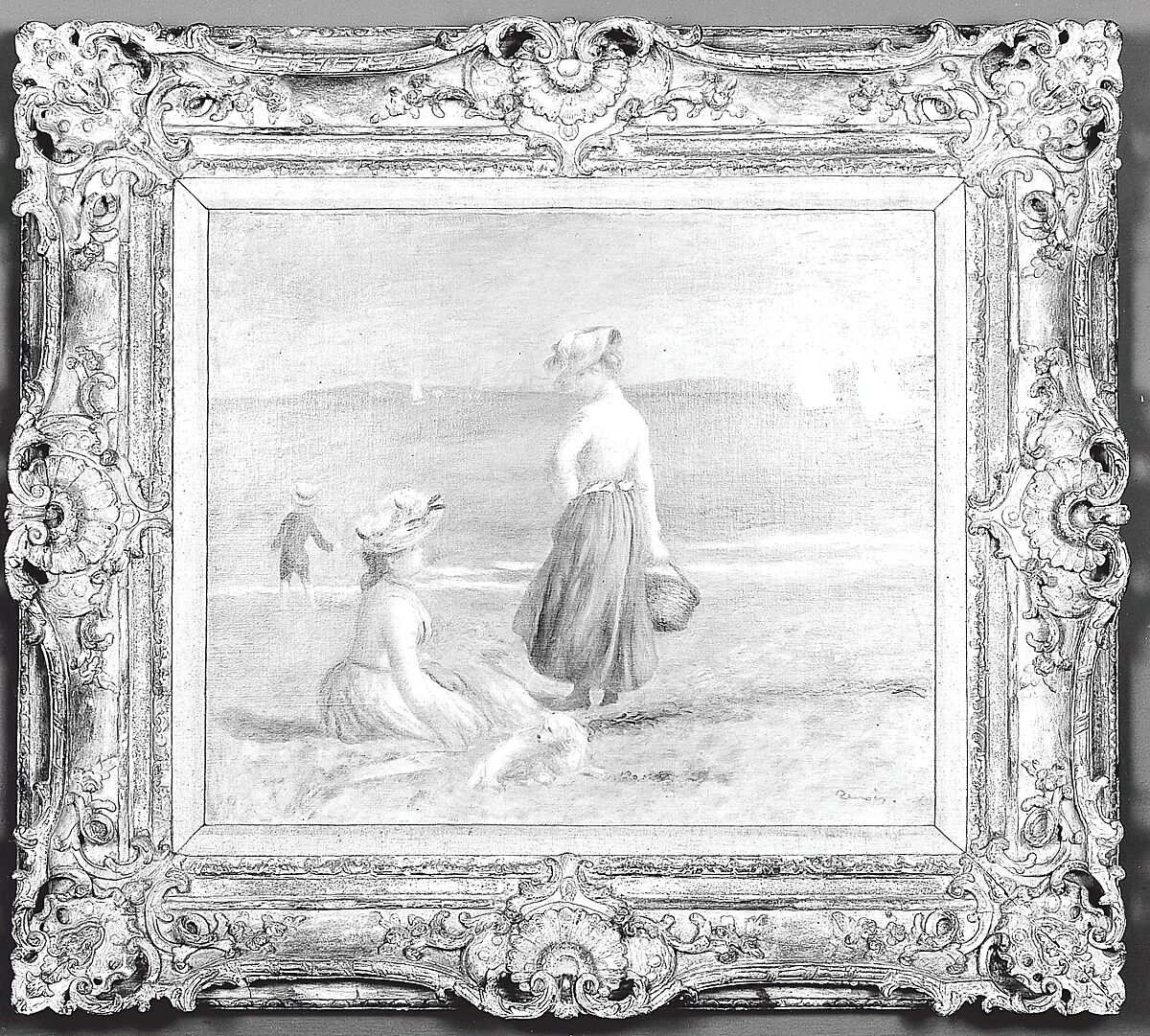 Swept frame, Oak lower moldings and feather keys; lime upper moldings. Carved, gilt; orange-brown bole., French