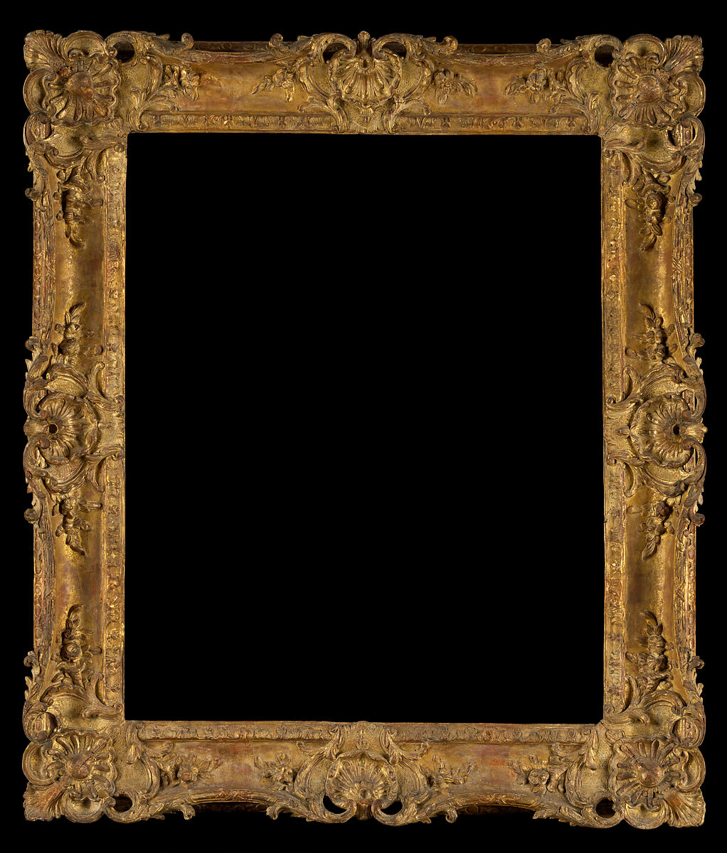 Swept frame, Oak lower moldings and feather keys; lime upper moldings. Carved, gilt; orange-brown bole., French 