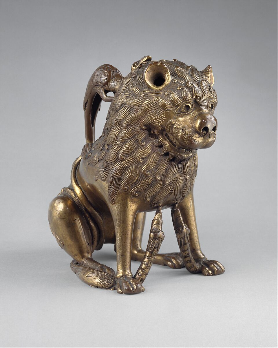 Aquamanile in the Form of a Lion, Bronze; binary copper alloy (approx. 88% copper, approx. 8% tin) hollow cast,
chased, engraved, and gilded., North German, Lubeck (?) 