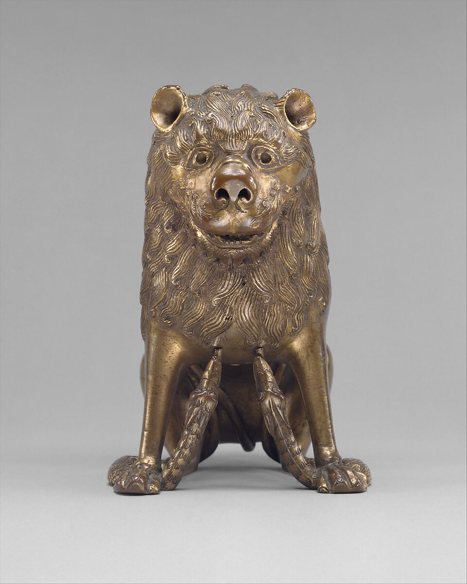Aquamanile in the Form of a Lion, Bronze; binary copper alloy (approx. 88% copper, approx. 8% tin) hollow cast,
chased, engraved, and gilded., North German, Lubeck (?)