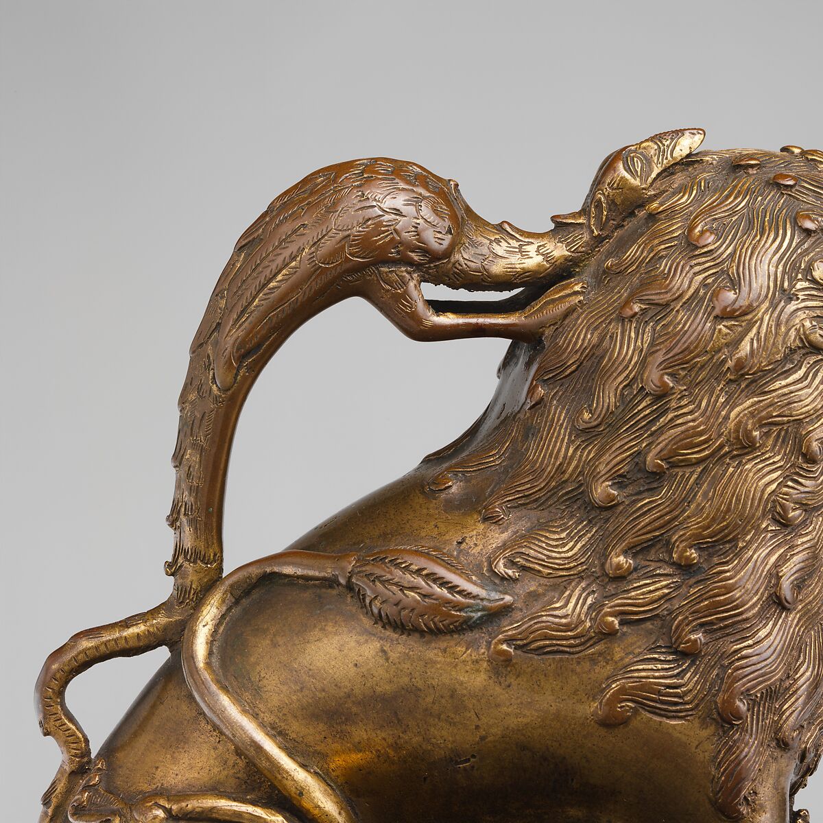 Aquamanile in the Form of a Lion, Bronze; binary copper alloy (approx. 88% copper, approx. 8% tin) hollow cast,
chased, engraved, and gilded., North German, Lubeck (?)