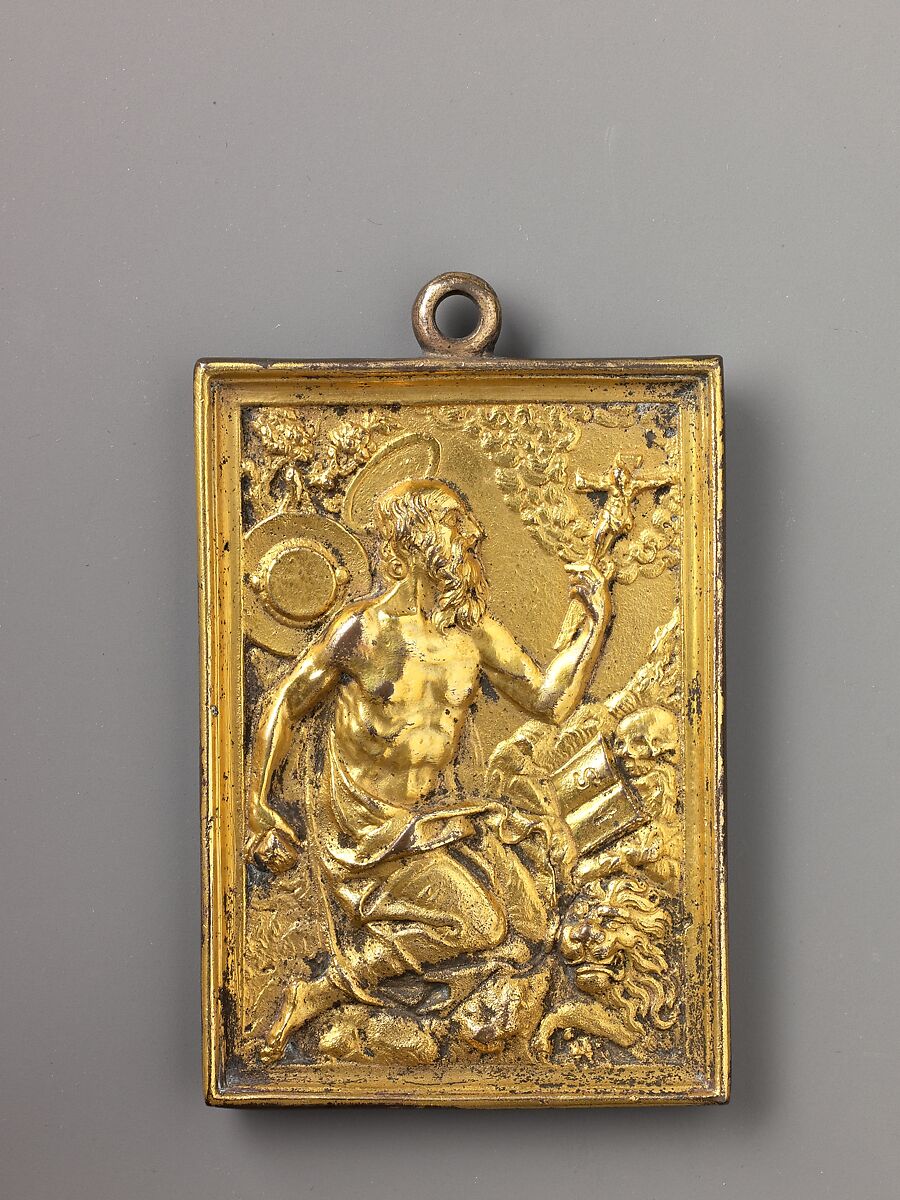 Saint Jerome Praying, Copper alloy with gilt obverse and reverse with reddish brown patina; integrally cast suspension loop at the top., Spanish or Northern Italian