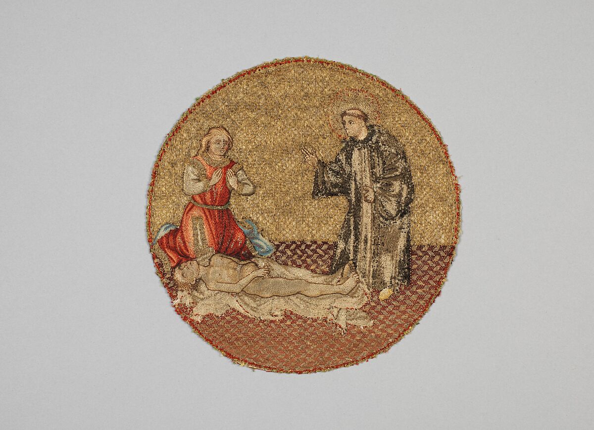 Saint Martin Brings a Dead Man to Life, Linen plain weave underlaid with linen plain weave and embroidered with silk and gilt-metal-strip-wrapped silk in split and stem stitches, laid work, and couching, including or nué, Flemish 