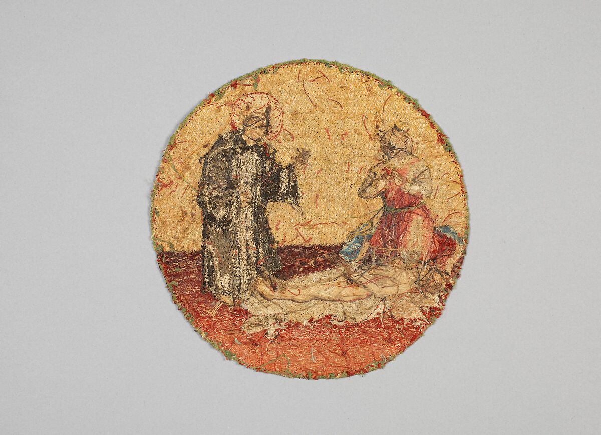 Saint Martin Brings a Dead Man to Life, Linen plain weave underlaid with linen plain weave and embroidered with silk and gilt-metal-strip-wrapped silk in split and stem stitches, laid work, and couching, including or nué, Flemish