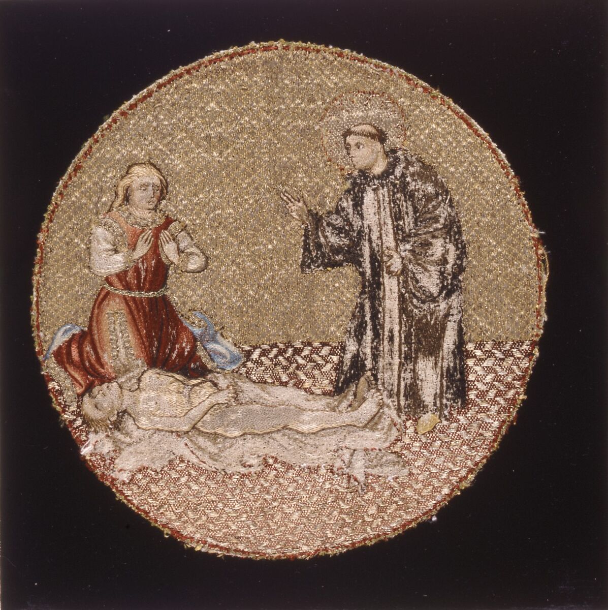 Saint Martin Brings a Dead Man to Life, Linen plain weave underlaid with linen plain weave and embroidered with silk and gilt-metal-strip-wrapped silk in split and stem stitches, laid work, and couching, including or nué, Flemish