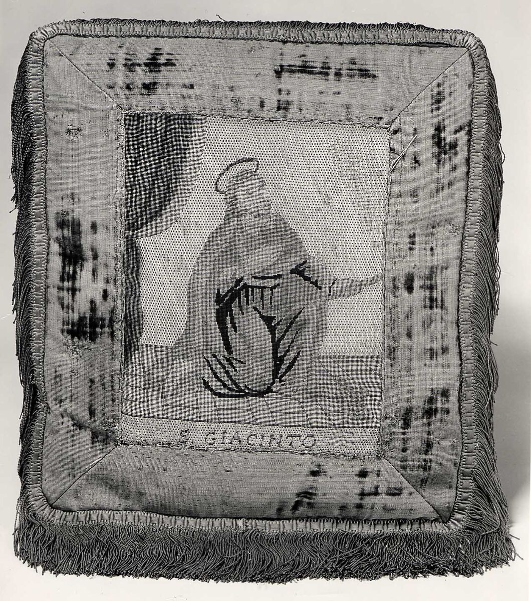 Cushion with Saint Hyacinth, Silk; metal; cotton, Italian 