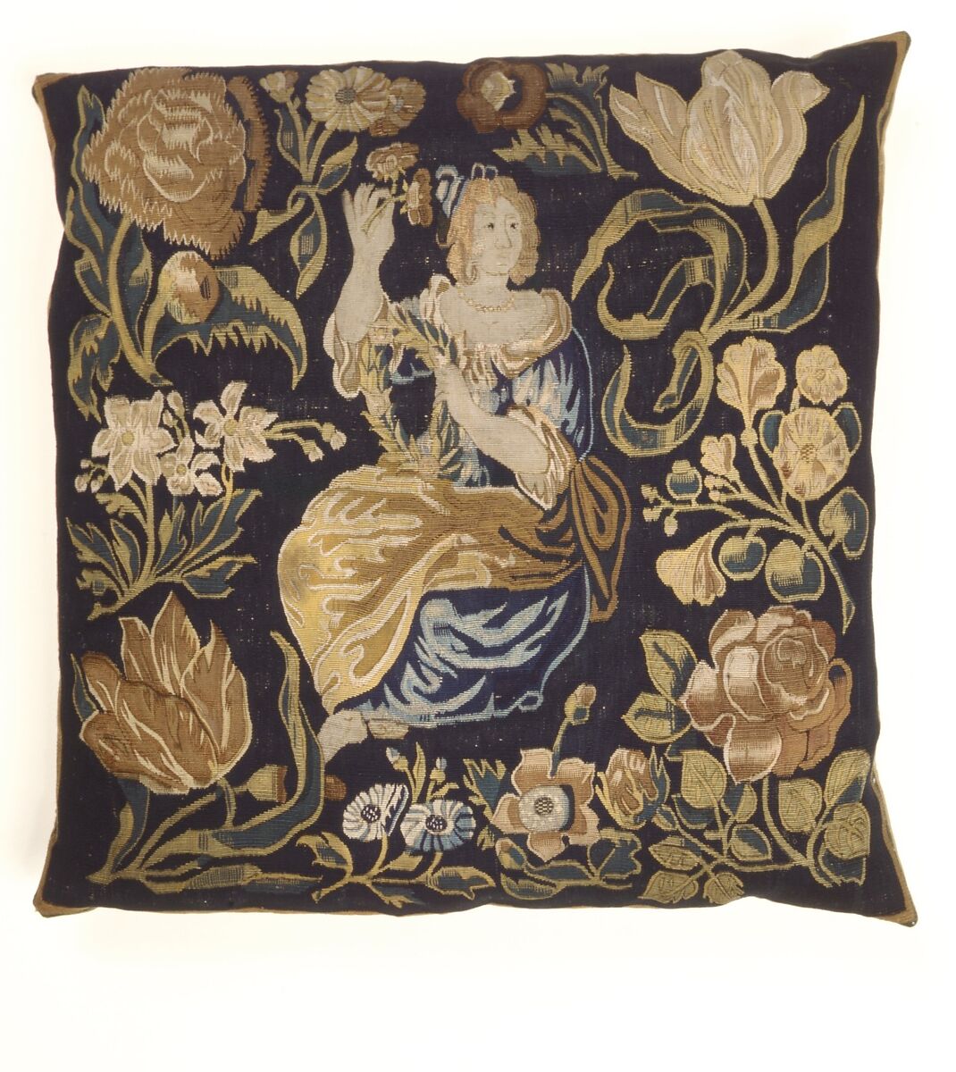 Cushion Cover with "Scent", Linen, silk, and wool in dovetailed tapestry weave; Backing: rayon and cotton warp-faced weft-ribbed pa;in weave, moiré; modern, Northern Netherlands 