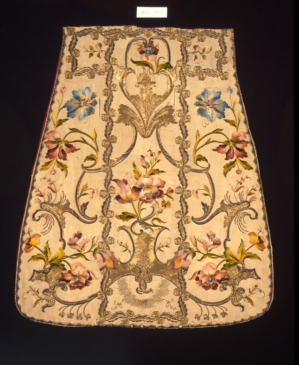 Part of a Chasuble Front, Silk; metal; linen, Italian 