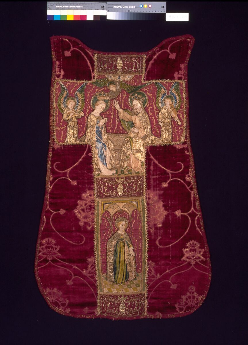 Chasuble Back with an Orphrey, Cut velvet, red silk, gilt-metal-strip-wrapped silk, linen., German(?) and Italian 