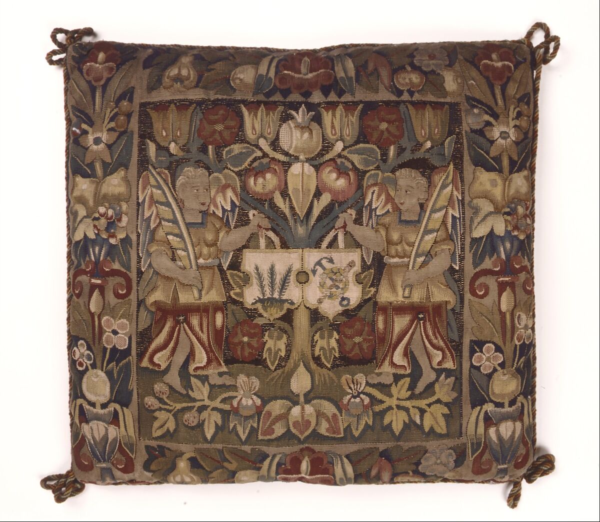 Cushion Cover with Coats of Arms, Linen, wool, and silk in a slit tapestry weave; Backing: cotton weft-float and silk in slit tapestry weave; Cord edging: wool z ply, Northern Germany, probably Hamburg